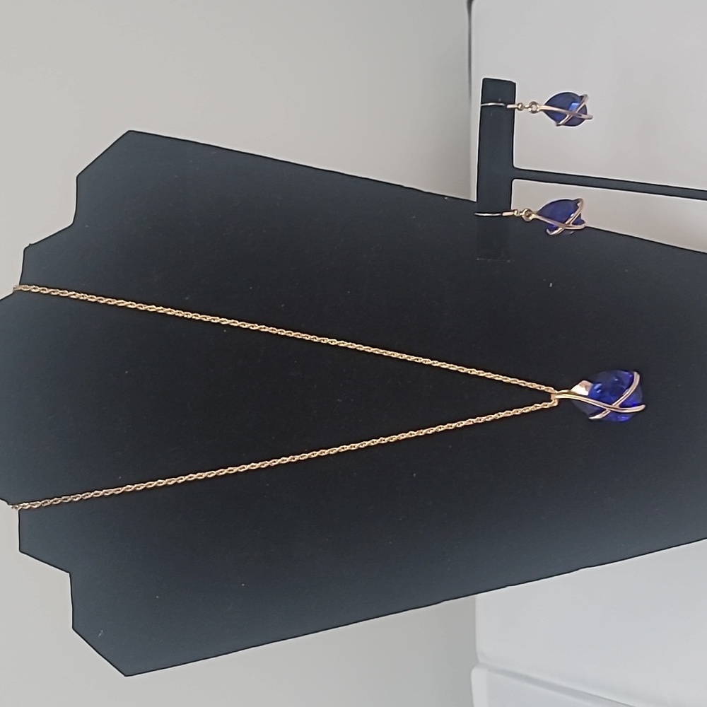 Fashion Blue Teardrop Pendant Necklace & Earring Set - Alloy & Titanium Steel - Picture 4 of 13